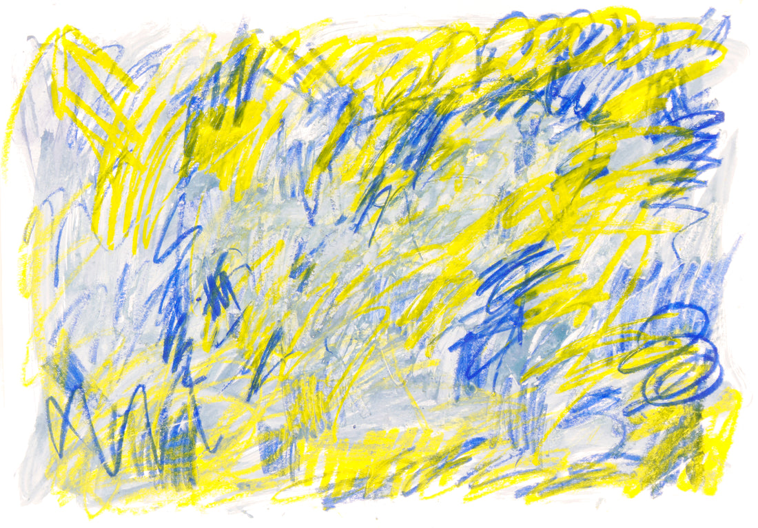 Abstrakter Fine Art Print in Gelb und Blau von Gregor Stehle, DIN A1 Querformat, reduzierte Linienstruktur auf weißem Grund.