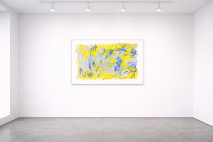 Abstrakter Fine Art Print in Gelb und Blau von Gregor Stehle, DIN A1 Querformat, reduzierte Linienstruktur auf weißem Grund.