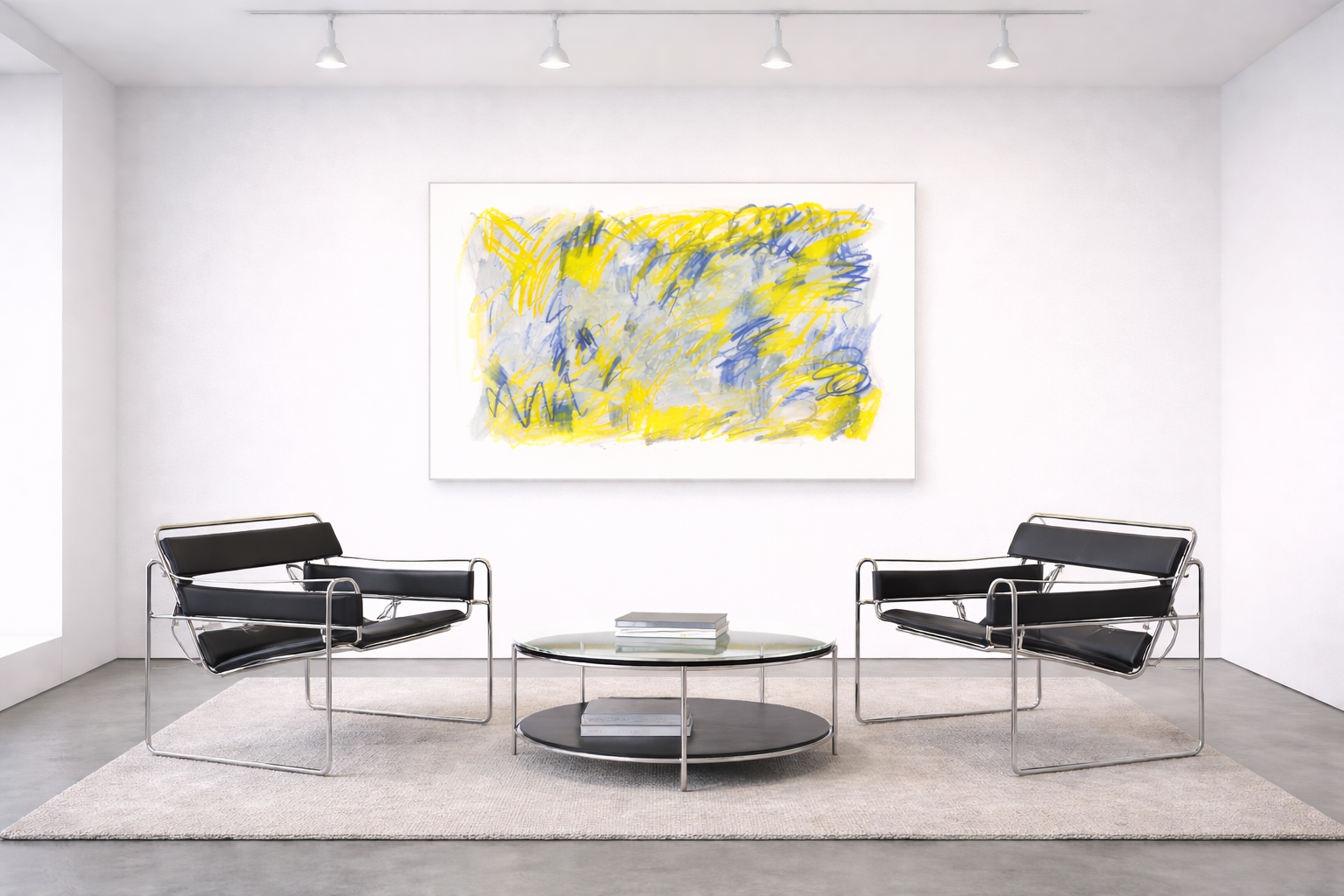 Abstrakter Fine Art Print in Gelb und Blau von Gregor Stehle, DIN A1 Querformat, reduzierte Linienstruktur auf weißem Grund.