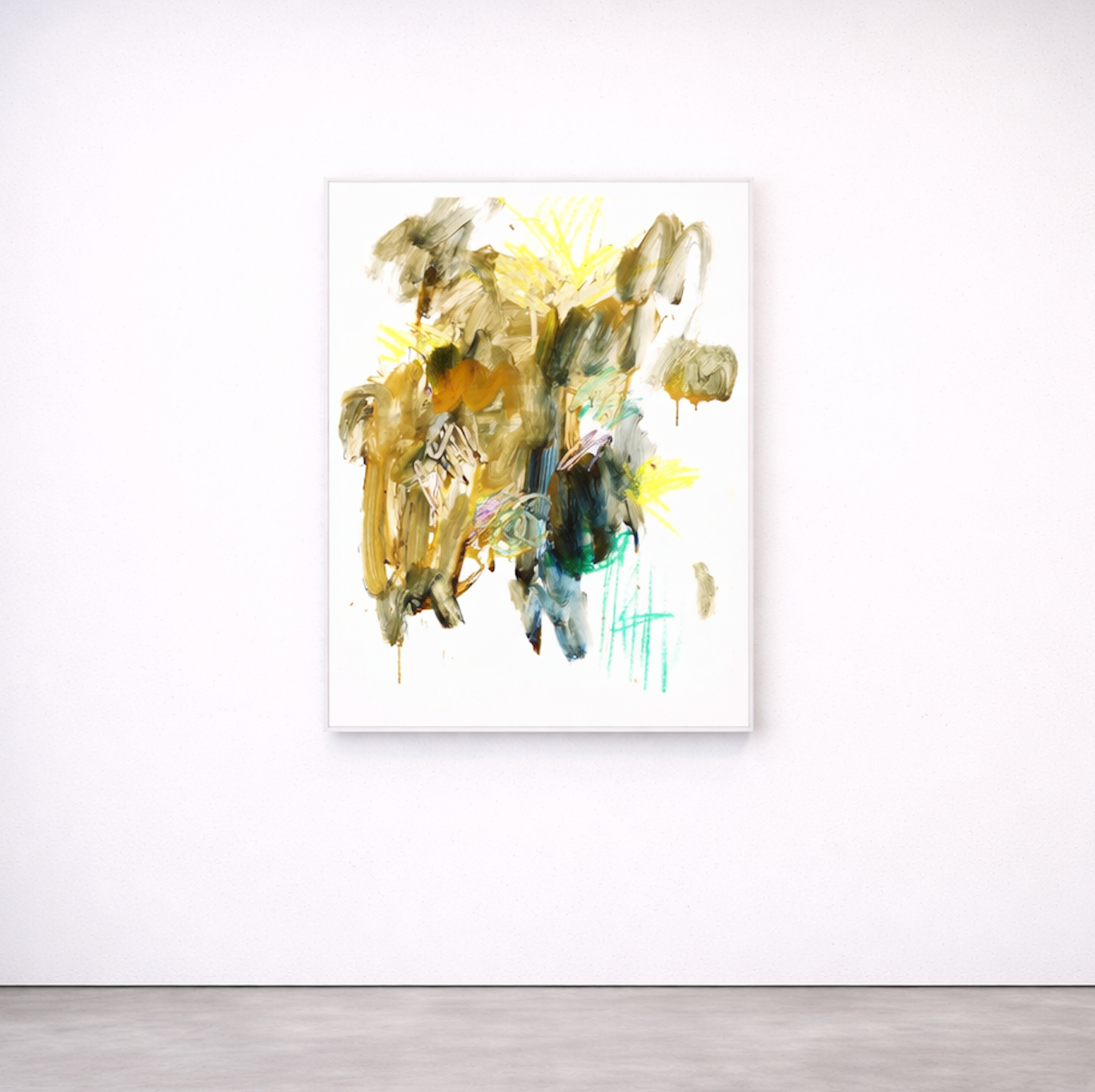 Abstraktes Kunstwerk von Gregor Stehle mit vielschichtigen Farbspuren in Gelb, Blau und erdigen Tönen, offene Bildstruktur, zeitgenössische Malerei.