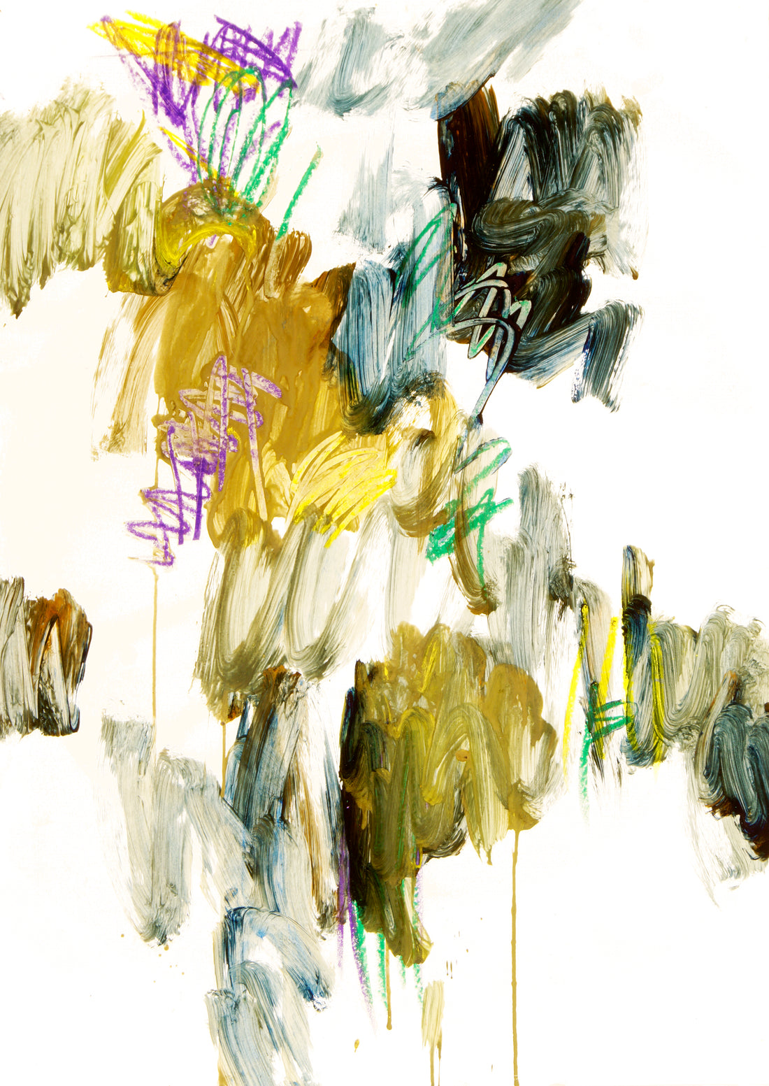 Abstrakte Malerei von Gregor Stehle, Fine Art Print DIN A1, gestische Farbflächen in Gelb, Blau und Ocker, zeitgenössische Kunst