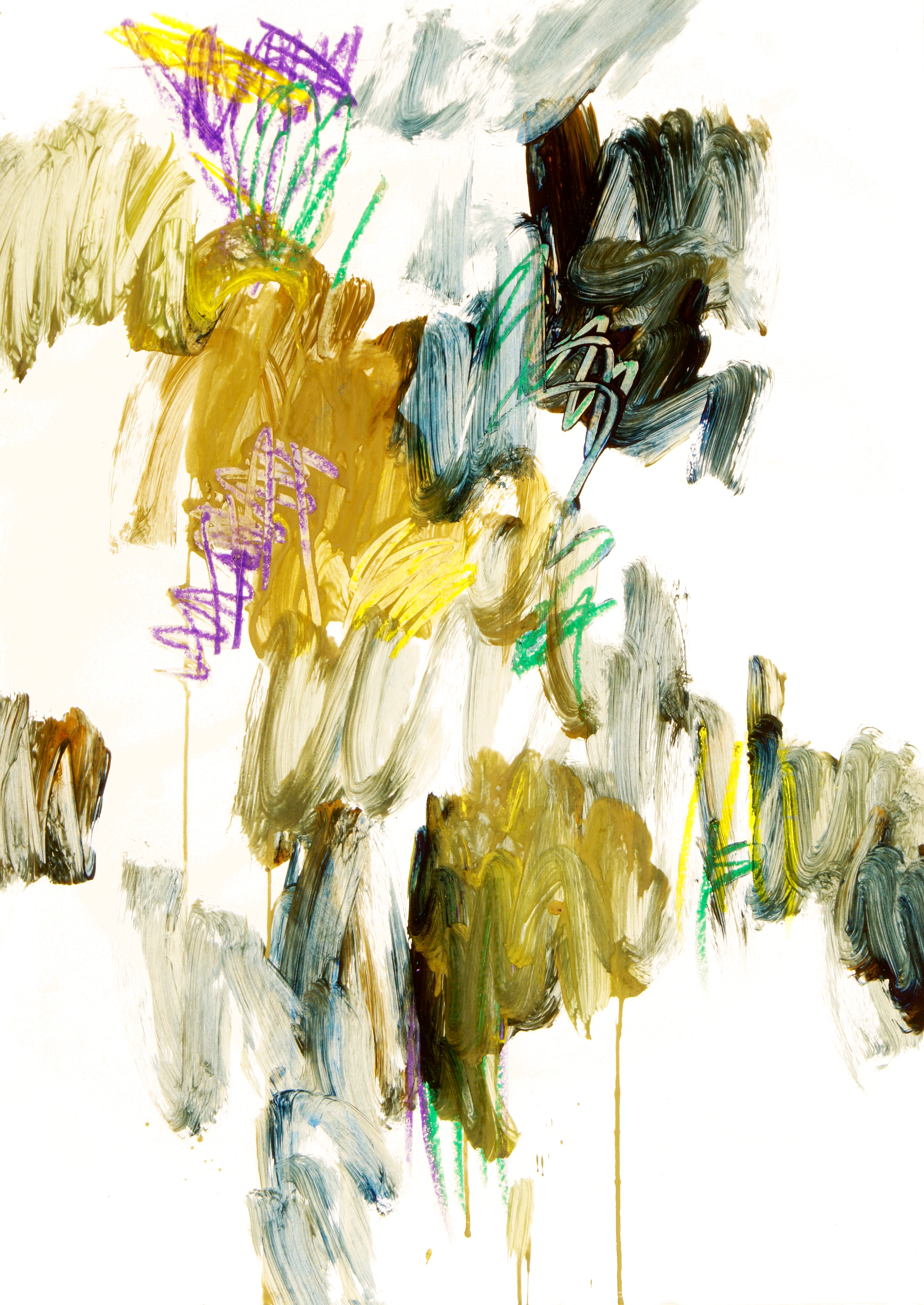 Abstrakte Malerei von Gregor Stehle, Fine Art Print DIN A1, gestische Farbflächen in Gelb, Blau und Ocker, zeitgenössische Kunst