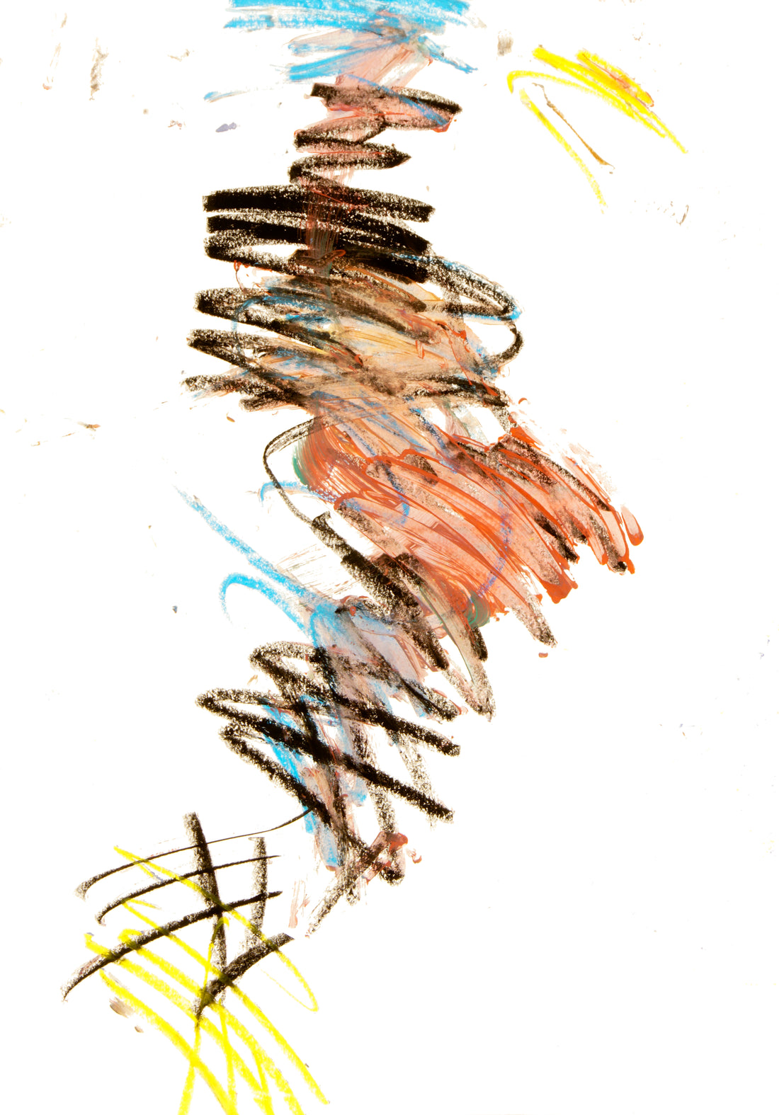 Abstrakte zeitgenössische Zeichnung von Gregor Stehle mit expressiven Linien in Schwarz, Blau, Ocker und Gelb auf weißem Grun