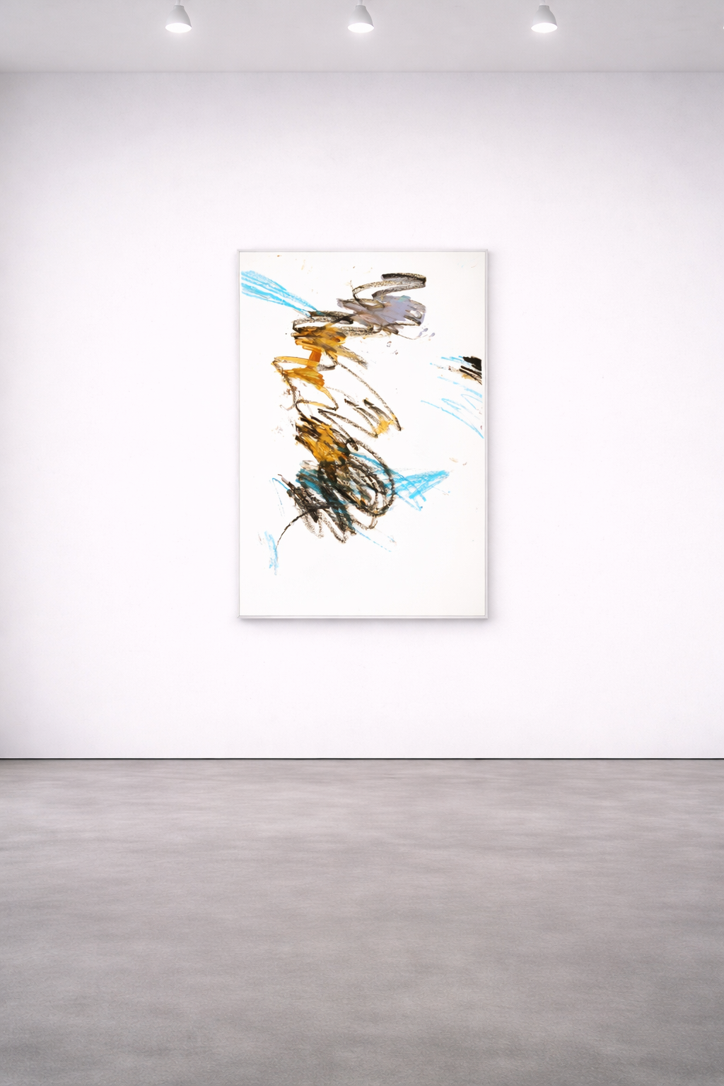 Abstrakte zeitgenössische Zeichnung von Gregor Stehle mit expressiven Linien in Schwarz, Blau, Ocker und Gelb auf weißem Grun