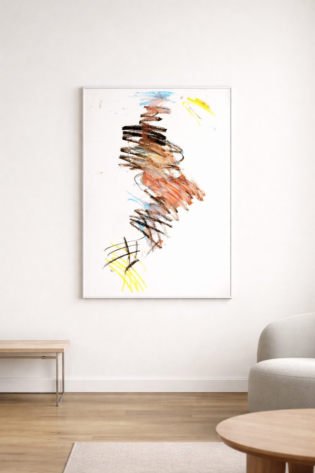 Abstrakte zeitgenössische Zeichnung von Gregor Stehle mit expressiven Linien in Schwarz, Blau, Ocker und Gelb auf weißem Grun