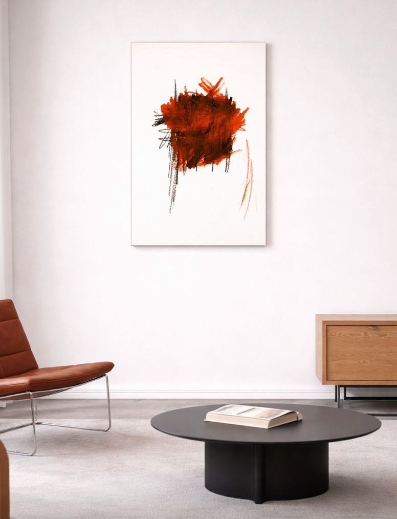 Abstraktes Originalkunstwerk von Gregor Stehle, zeitgenössische Malerei, reduzierte Setzungen, ruhige Farbspannung, auf weißem Grund.