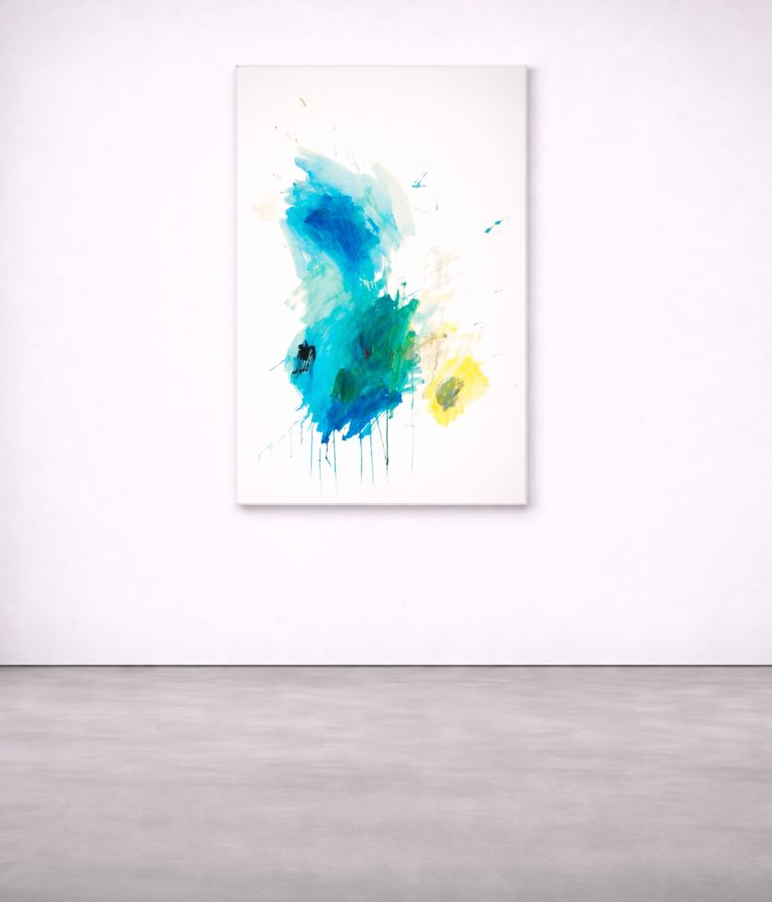 Abstraktes Originalkunstwerk von Gregor Stehle, zeitgenössische Malerei, offene Struktur, ruhige Farbspannung auf hellem Grund.